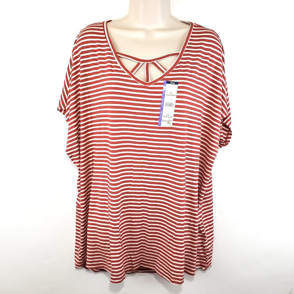 Burnt Orange White Stripe Tunic Top 1X Cage Neck